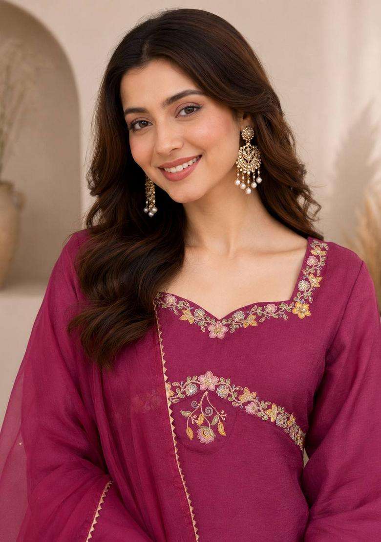 Wine Embroidered Silk Palazzo Set - Indya
