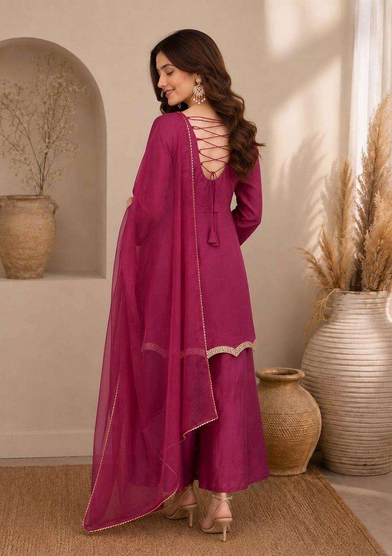 Wine Embroidered Silk Palazzo Set - Indya