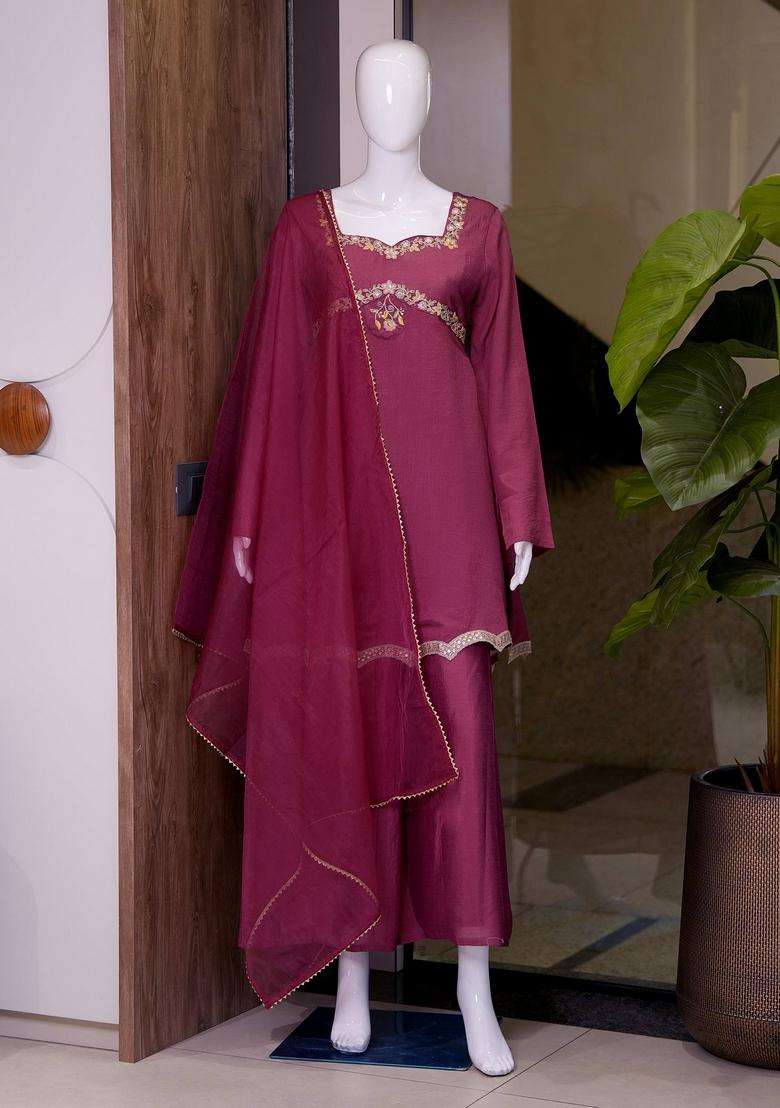Wine Embroidered Silk Palazzo Set - Indya