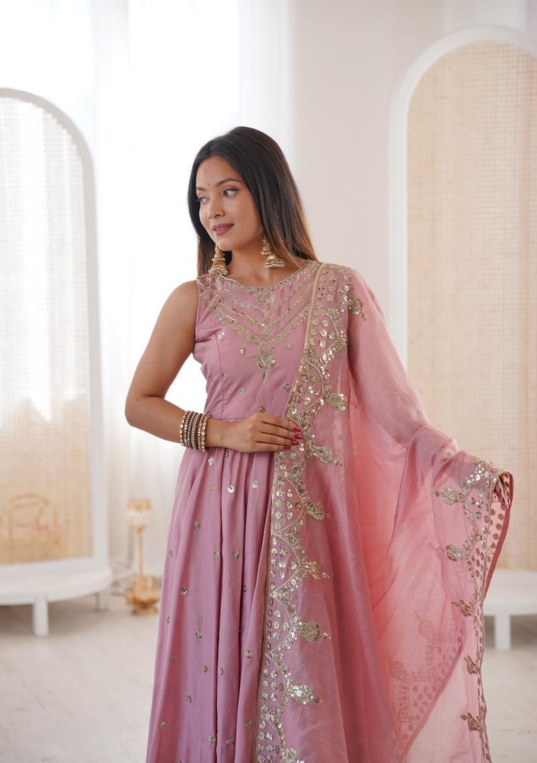 Pink Embroidered Silk Anarkali Set - Indya