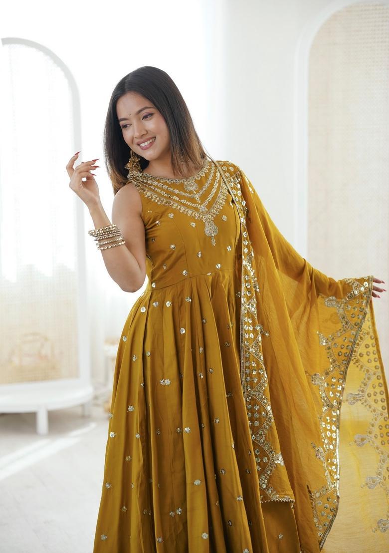Mustard Embroidered Silk Anarkali Set - Indya