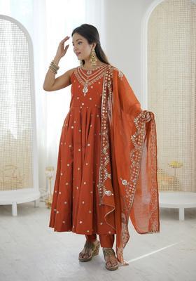 Orange Embroidered Silk Anarkali Set