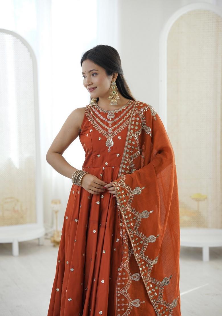 Orange Embroidered Silk Anarkali Set - Indya