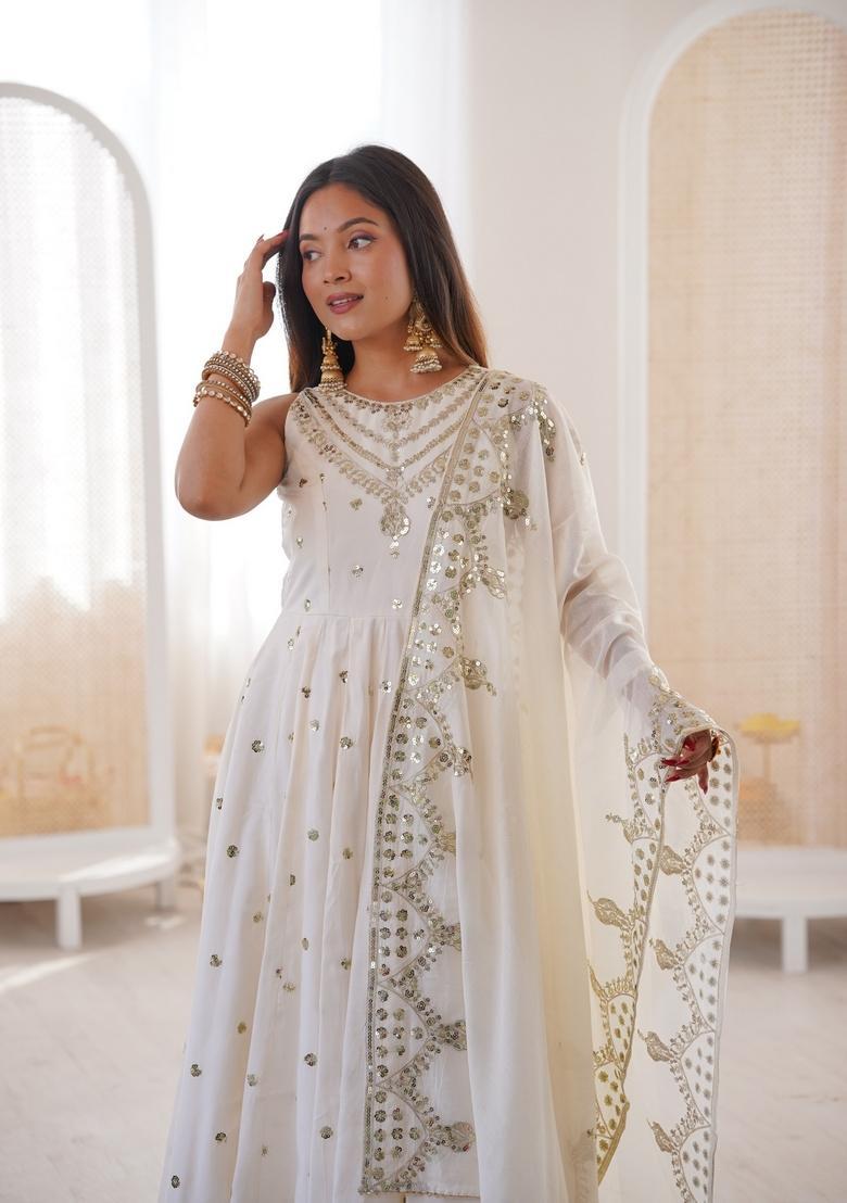 White Embroidered Silk Anarkali Set - Indya
