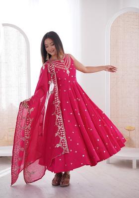 Rani Pink Embroidered Silk Anarkali Set