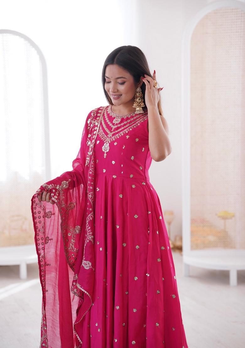 Rani Pink Embroidered Silk Anarkali Set - Indya