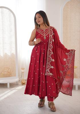 Red Embroidered Silk Anarkali Set