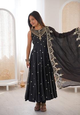 Black Embroidered Silk Anarkali Set