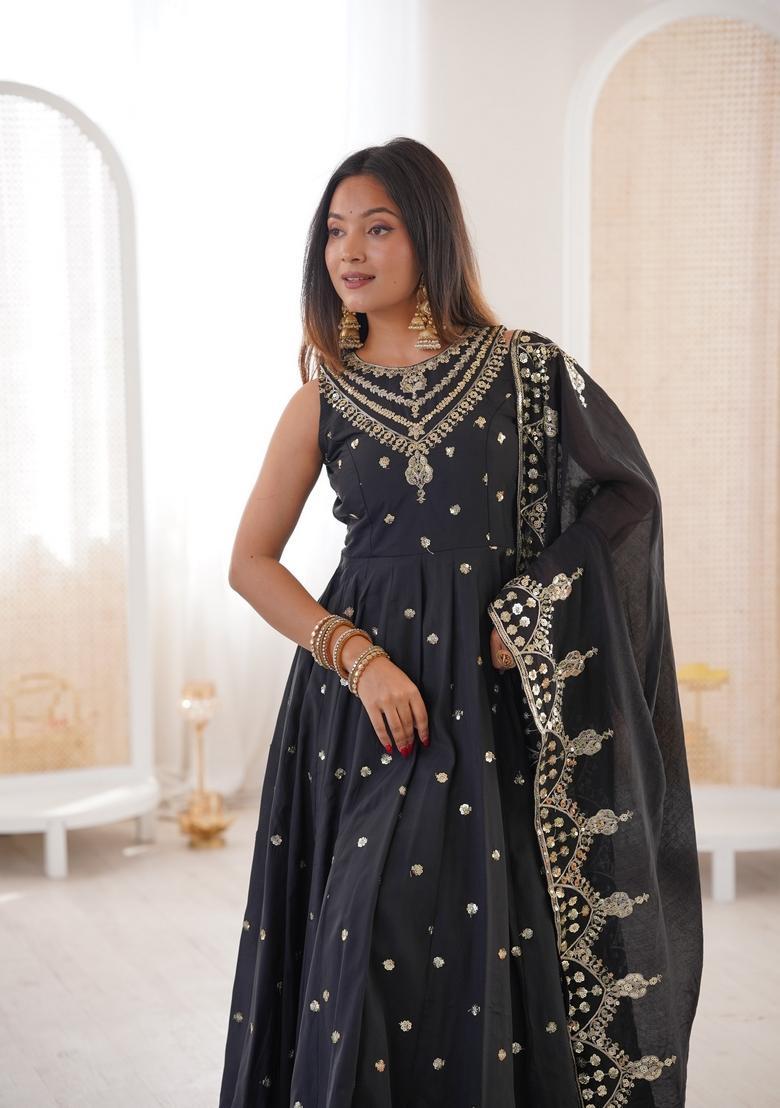 Black Embroidered Silk Anarkali Set - Indya