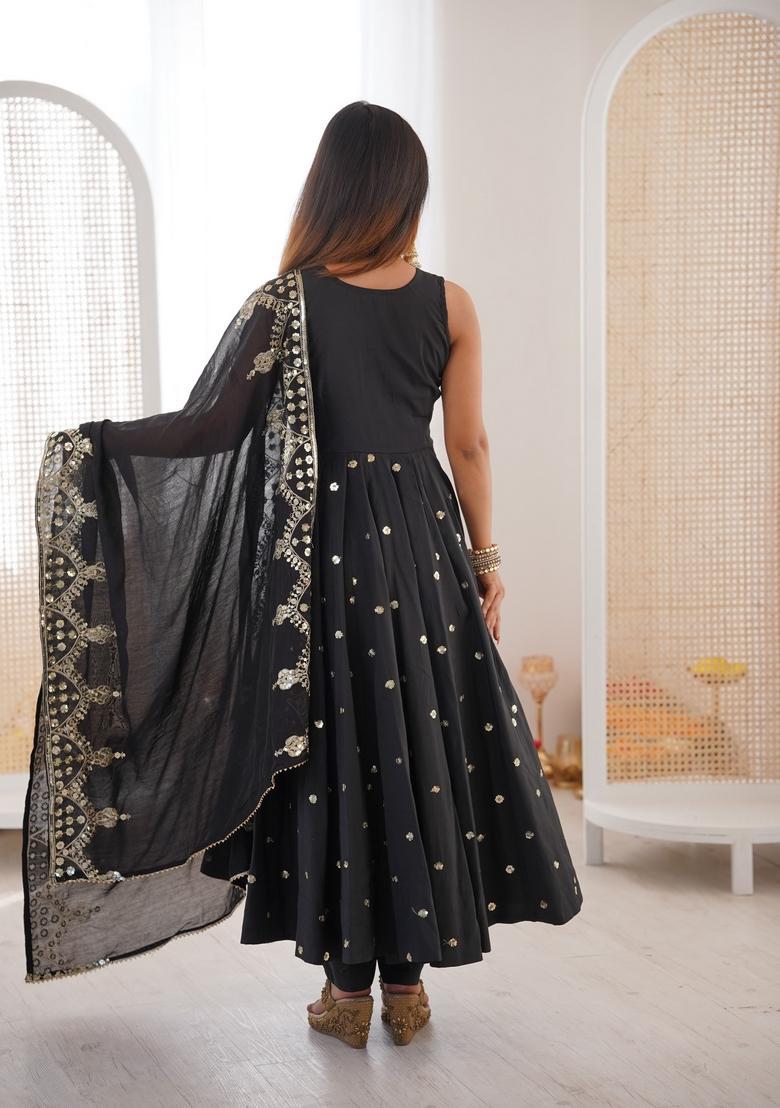 Black Embroidered Silk Anarkali Set - Indya