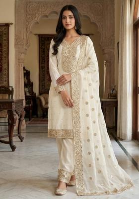 White Embroidered Silk Kurta Set
