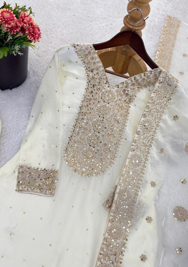 White Embroidered Silk Kurta Set - Indya