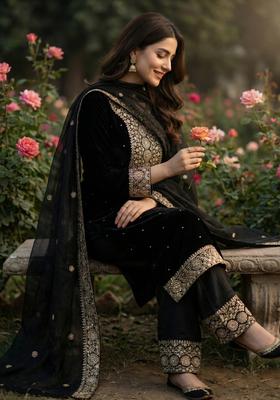 Black Embroidered Silk Kurta Set