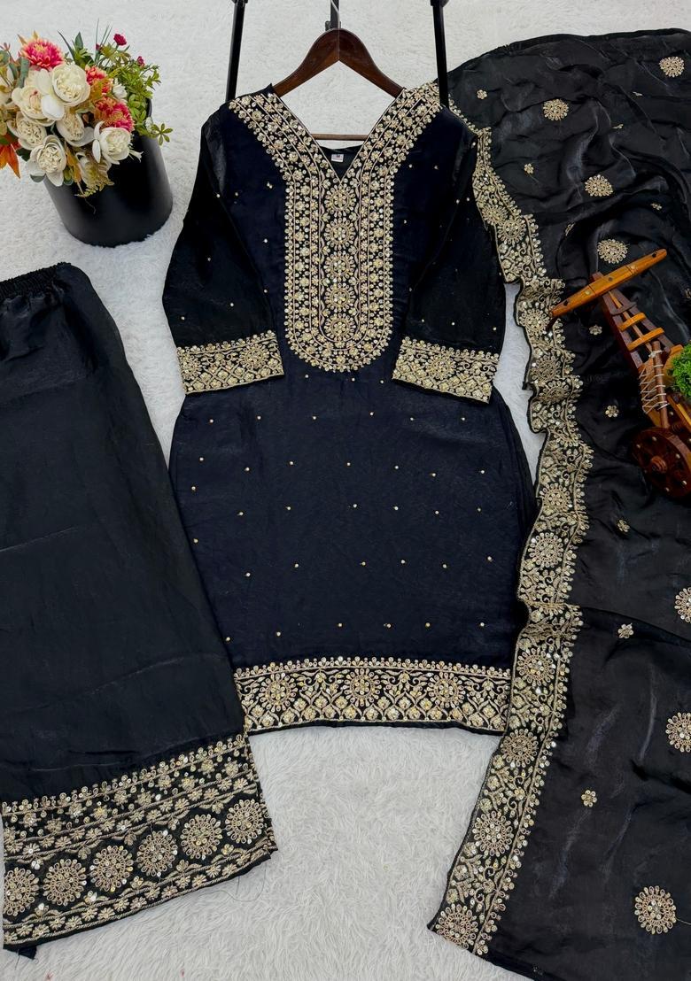 Black Embroidered Silk Kurta Set - Indya