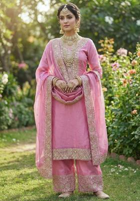 Pink Embroidered Silk Kurta Set
