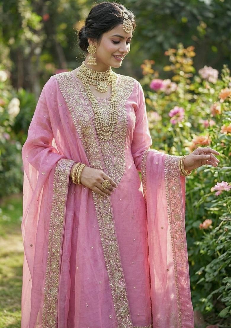Pink Embroidered Silk Kurta Set - Indya