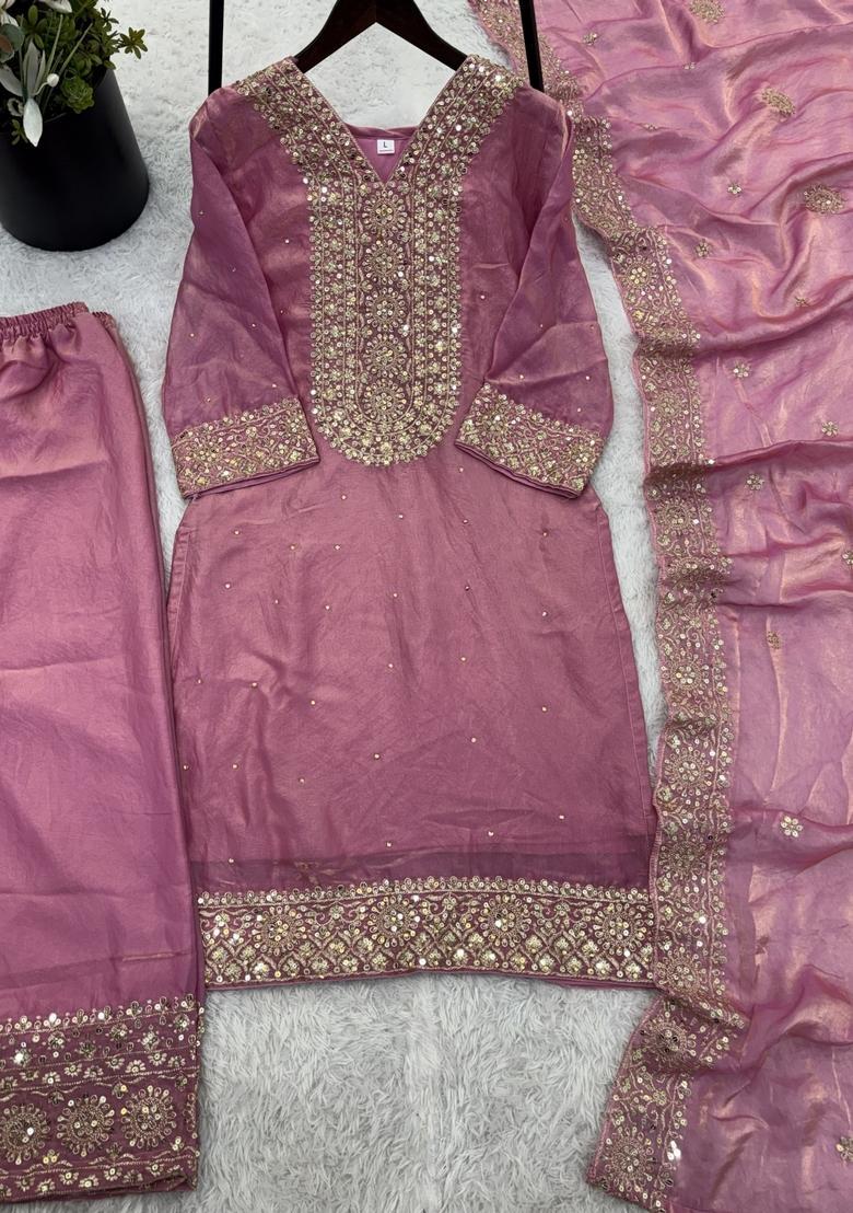 Pink Embroidered Silk Kurta Set - Indya