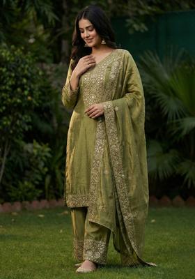 Mehendi Embroidered Silk Kurta Set