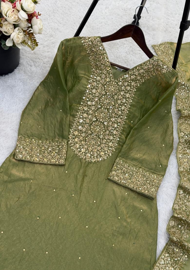 Mehendi Embroidered Silk Kurta Set - Indya