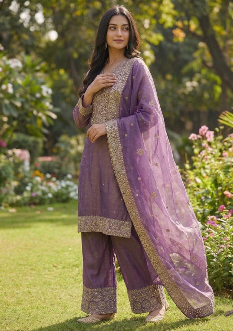 Purple Embroidered Silk Kurta Set - Indya