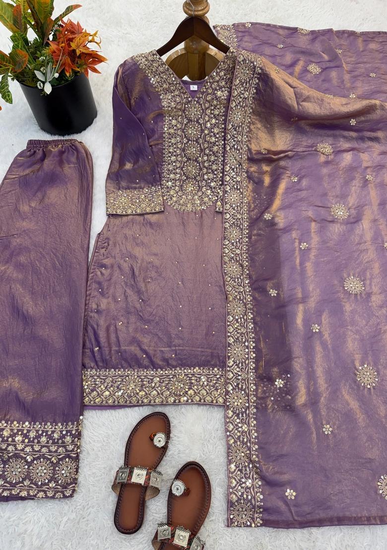 Purple Embroidered Silk Kurta Set - Indya