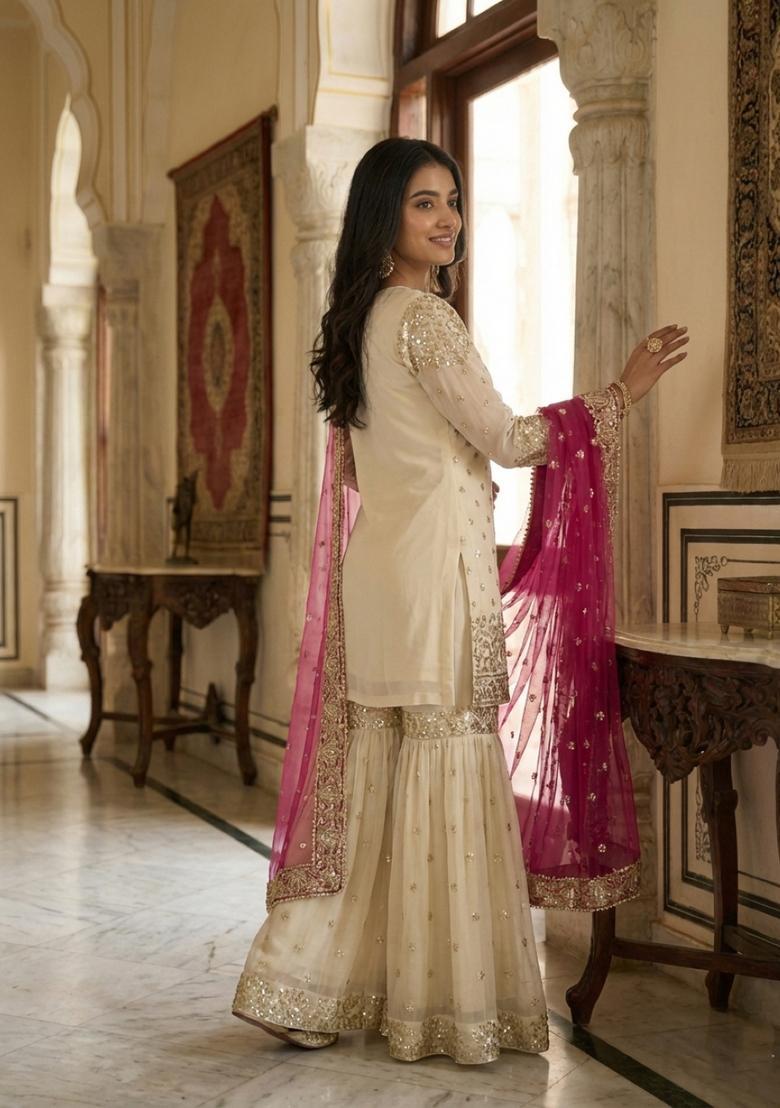 White Embroidered Silk Kurta Set - Indya
