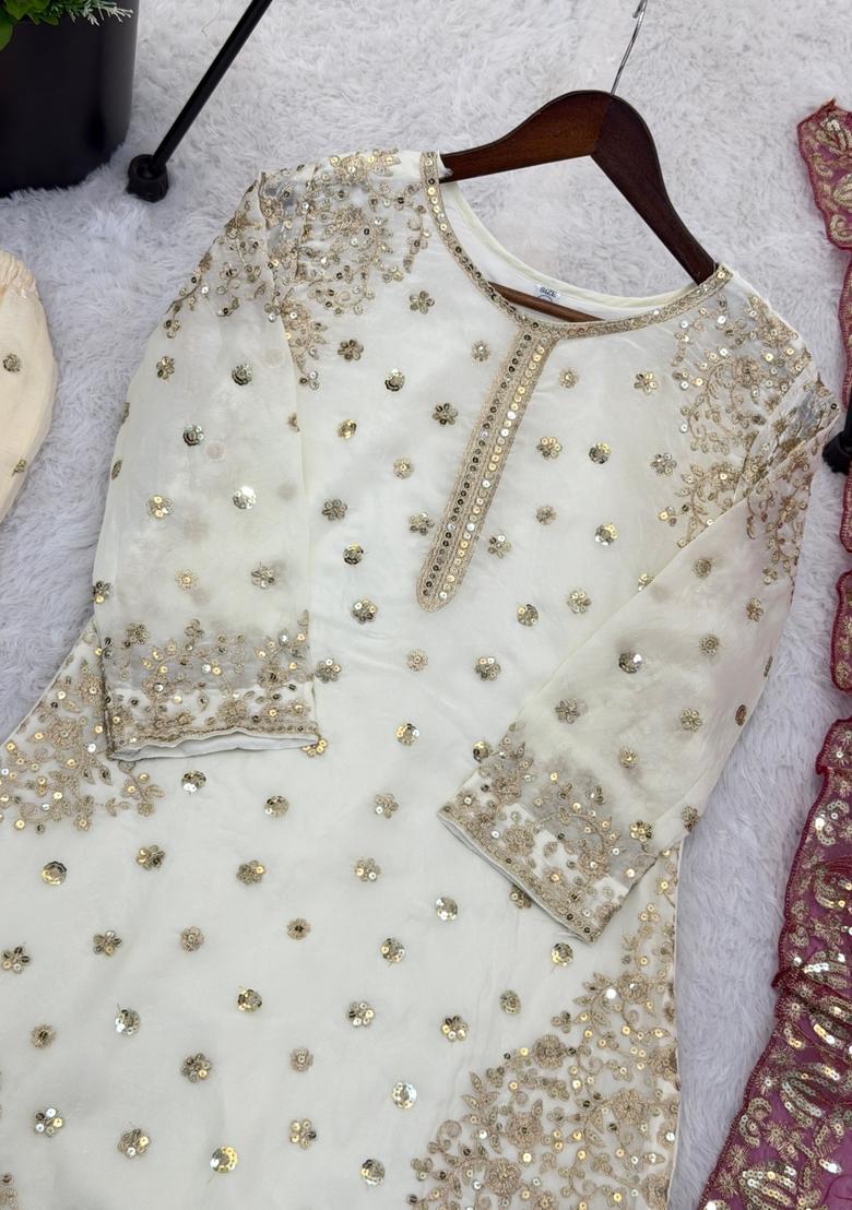 White Embroidered Silk Kurta Set - Indya