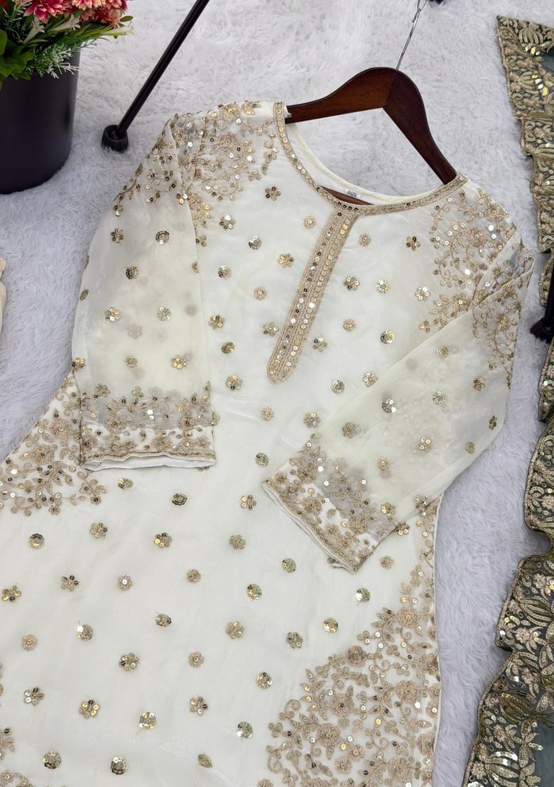 White Embroidered Silk Kurta Set - Indya