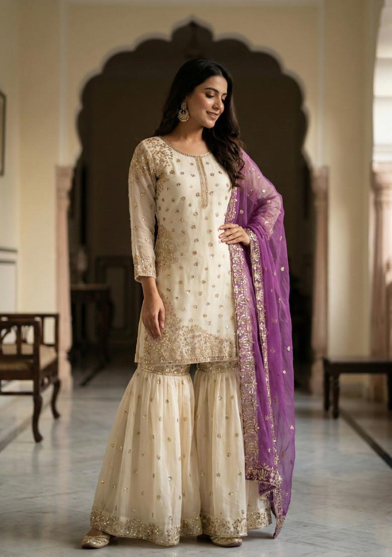 White Embroidered Silk Kurta Set - Indya