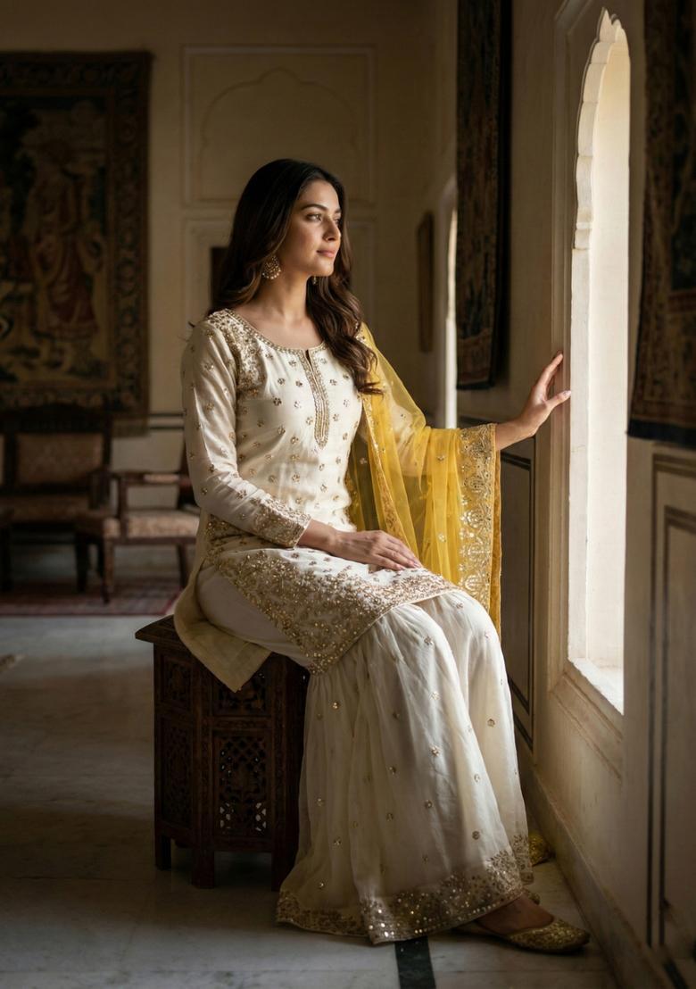 White Embroidered Silk Kurta Set - Indya