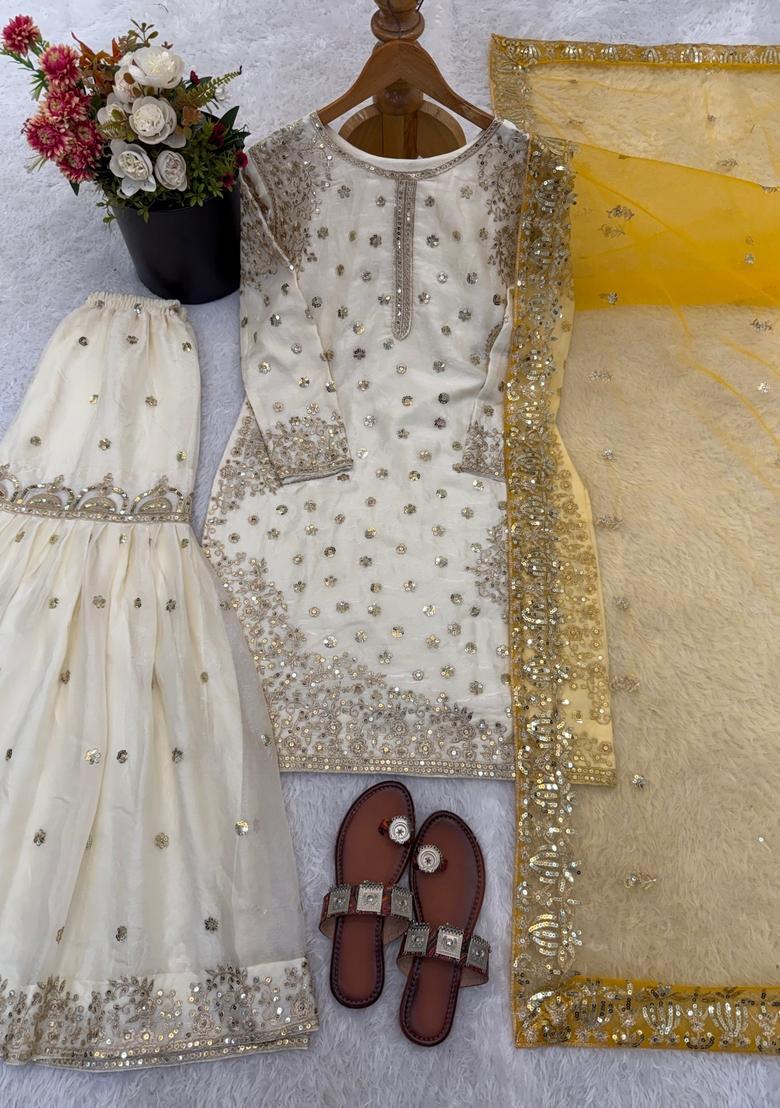 White Embroidered Silk Kurta Set - Indya