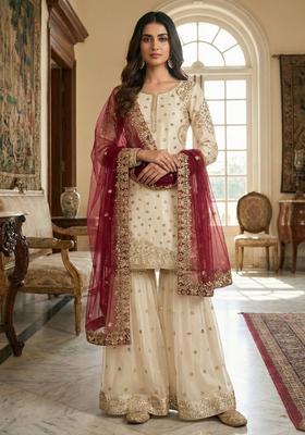 White Embroidered Silk Kurta Set
