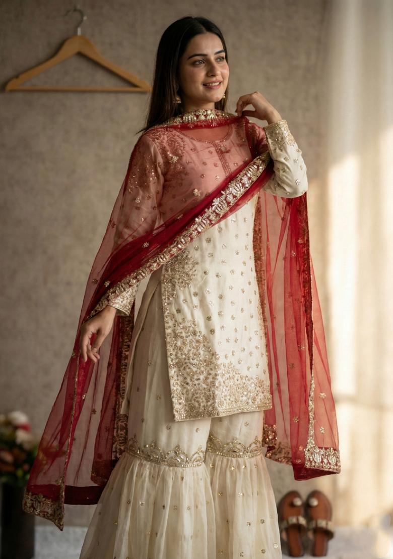 White Embroidered Silk Kurta Set - Indya