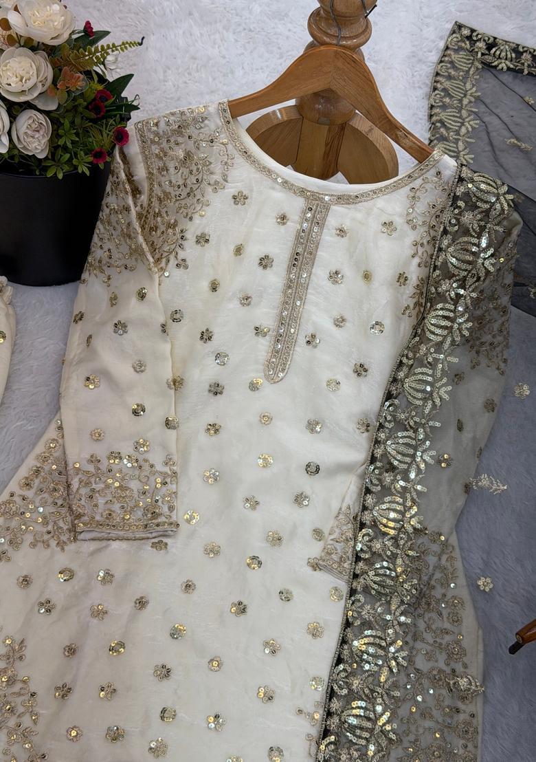 White Embroidered Silk Kurta Set - Indya