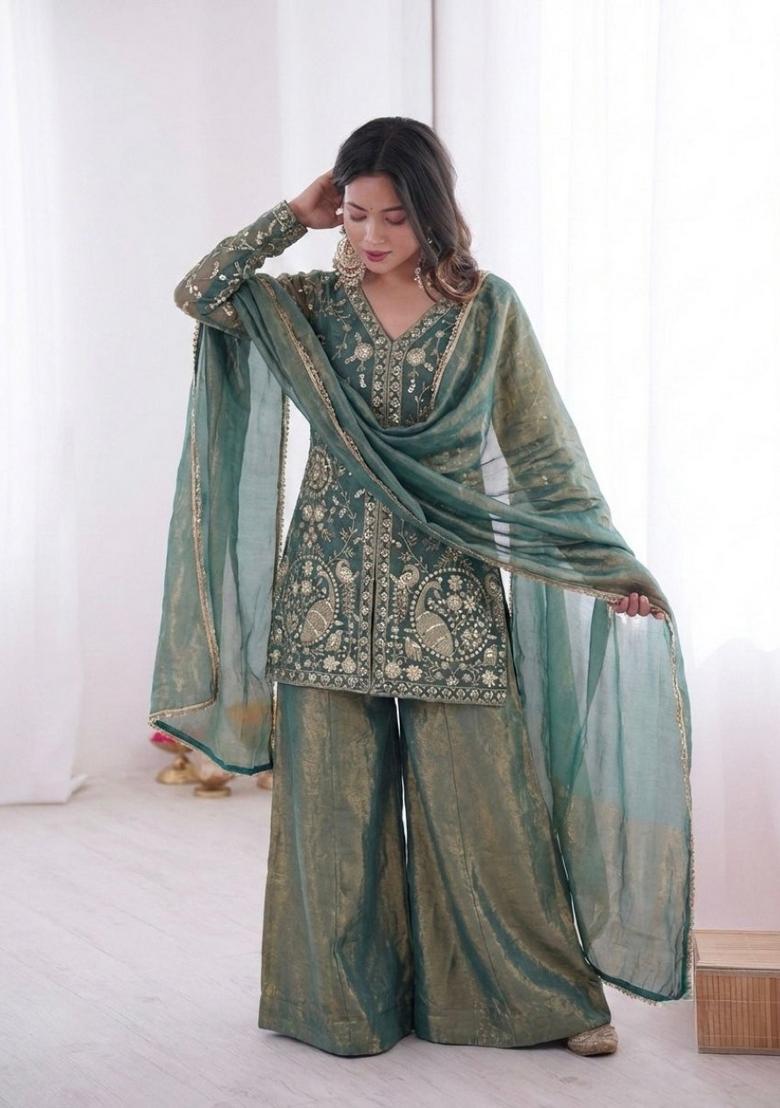 Blue Embroidered Silk Kurta Set - Indya