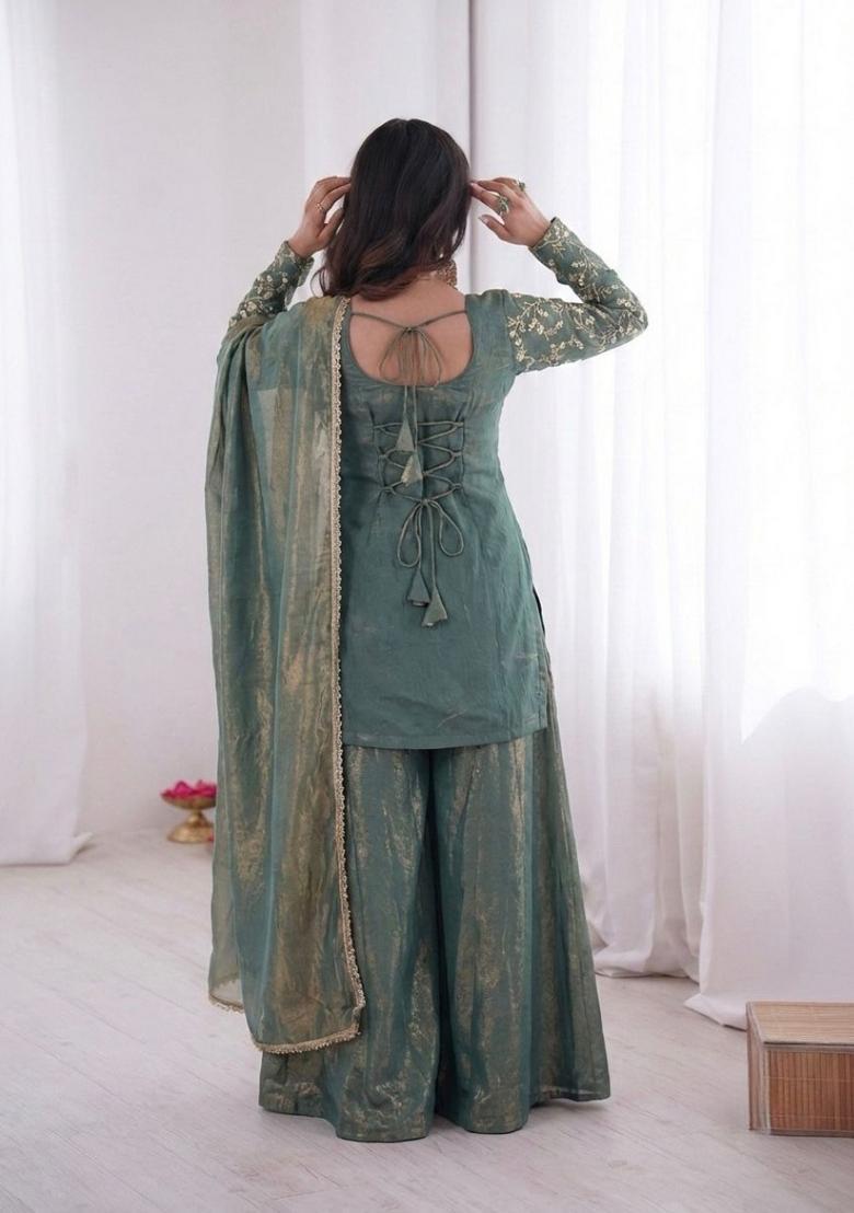 Blue Embroidered Silk Kurta Set - Indya