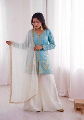 Sky Blue Embroidered Silk Kurta Set