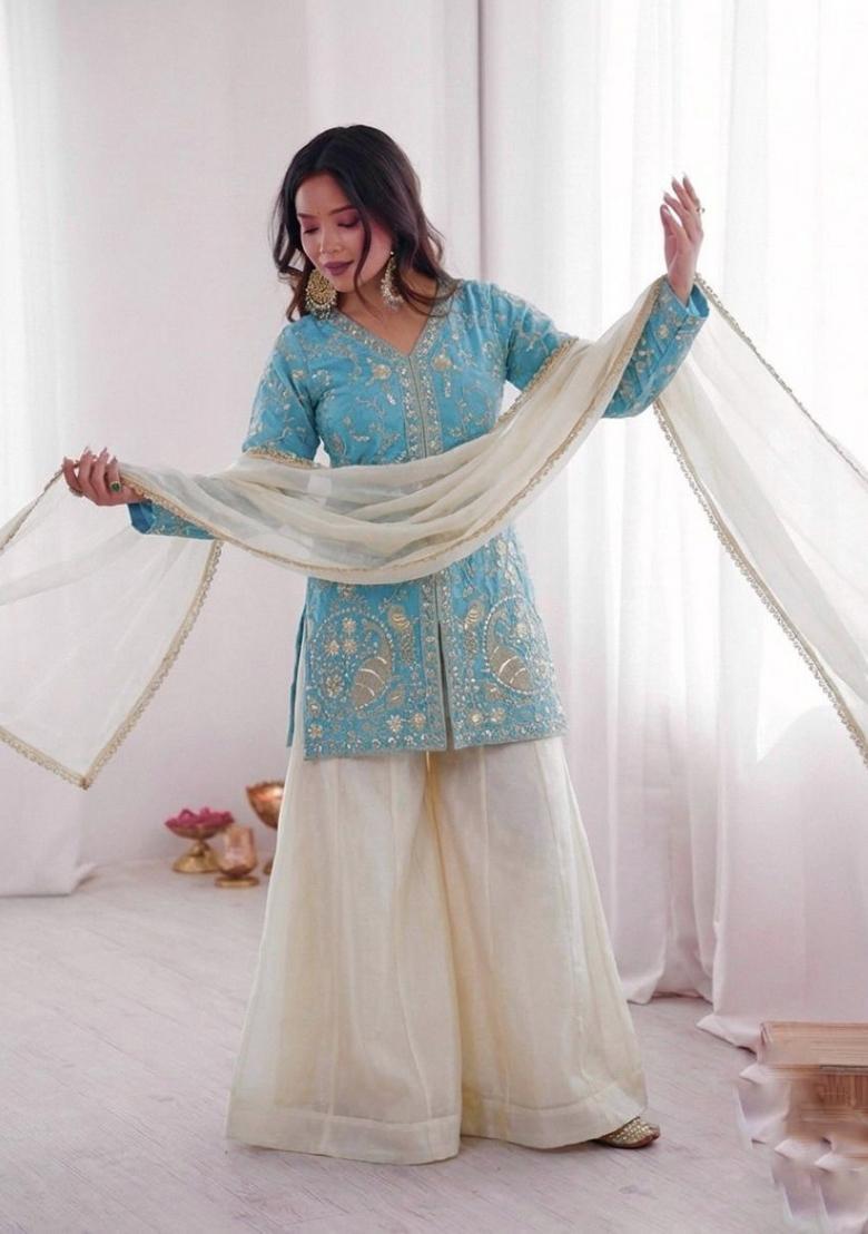 Sky Blue Embroidered Silk Kurta Set - Indya