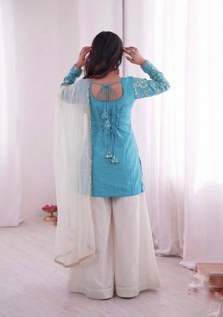 Sky Blue Embroidered Silk Kurta Set - Indya