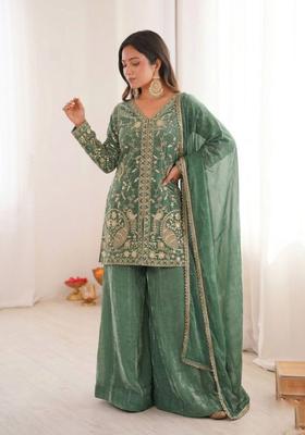 Sea Green Embroidered Silk Kurta Set