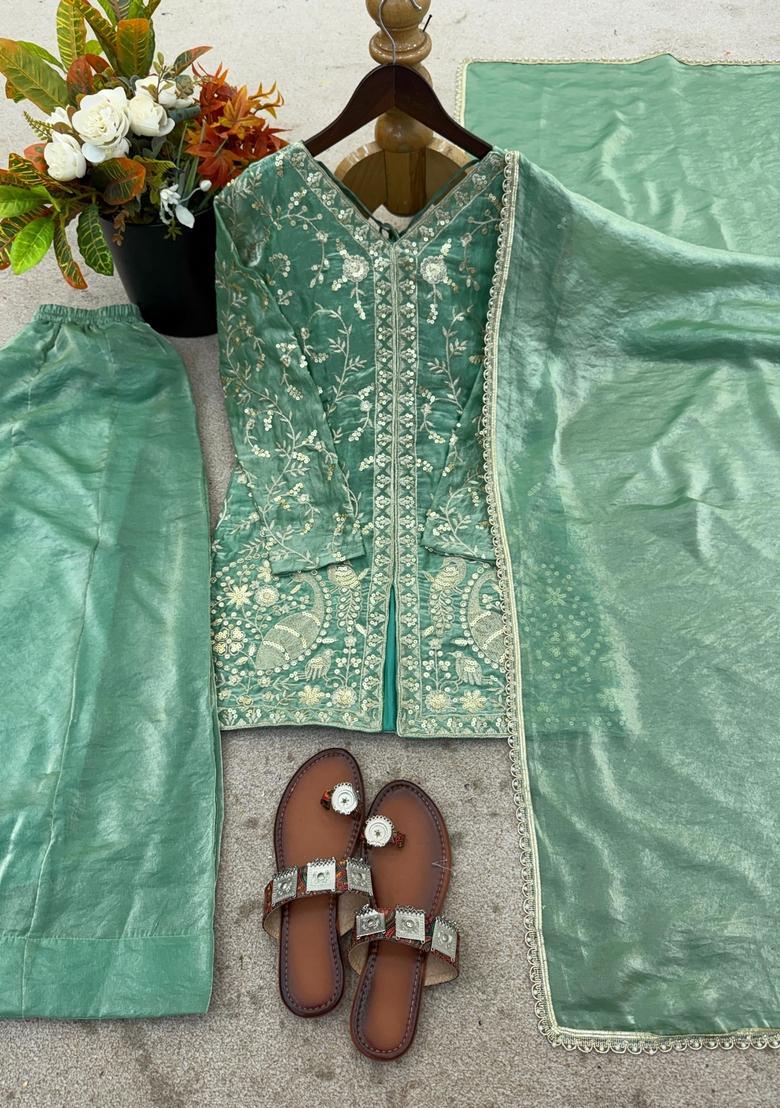 Sea Green Embroidered Silk Kurta Set - Indya