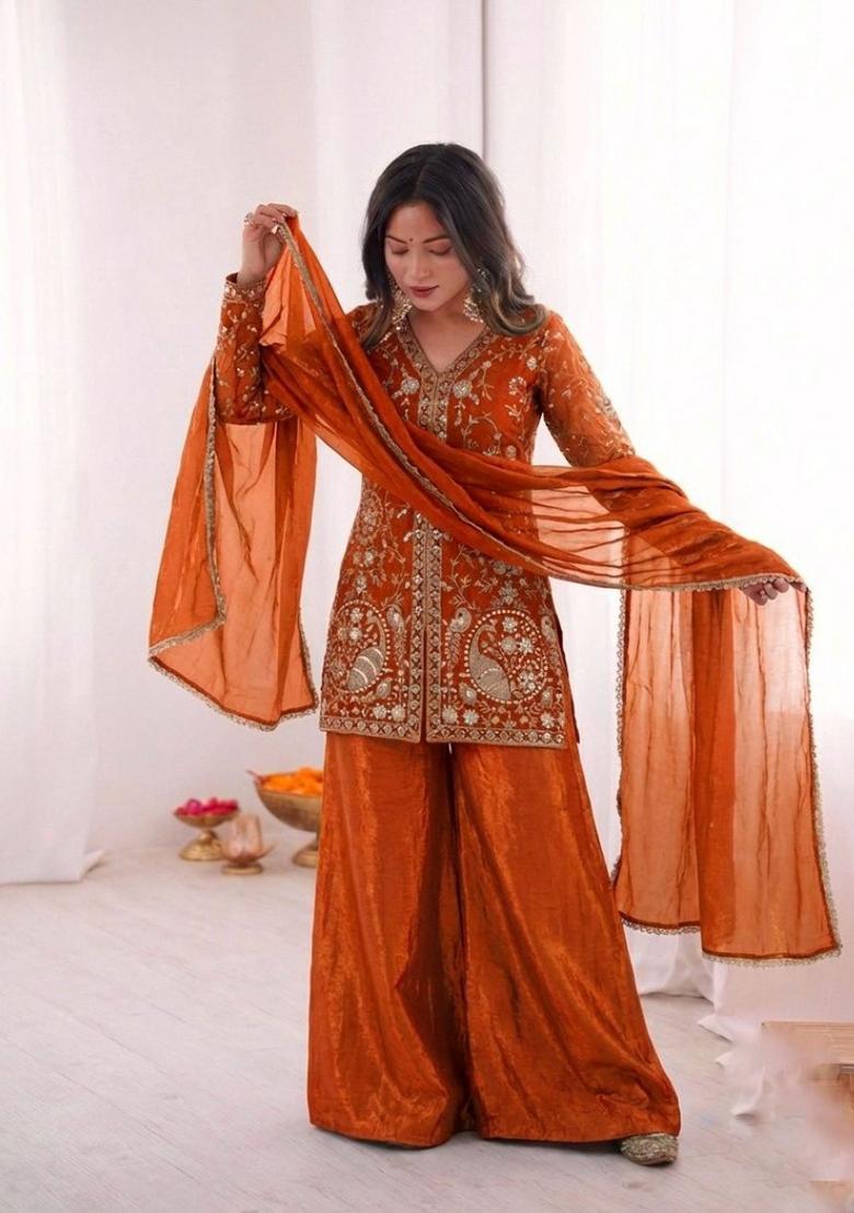 Orange Embroidered Silk Kurta Set - Indya