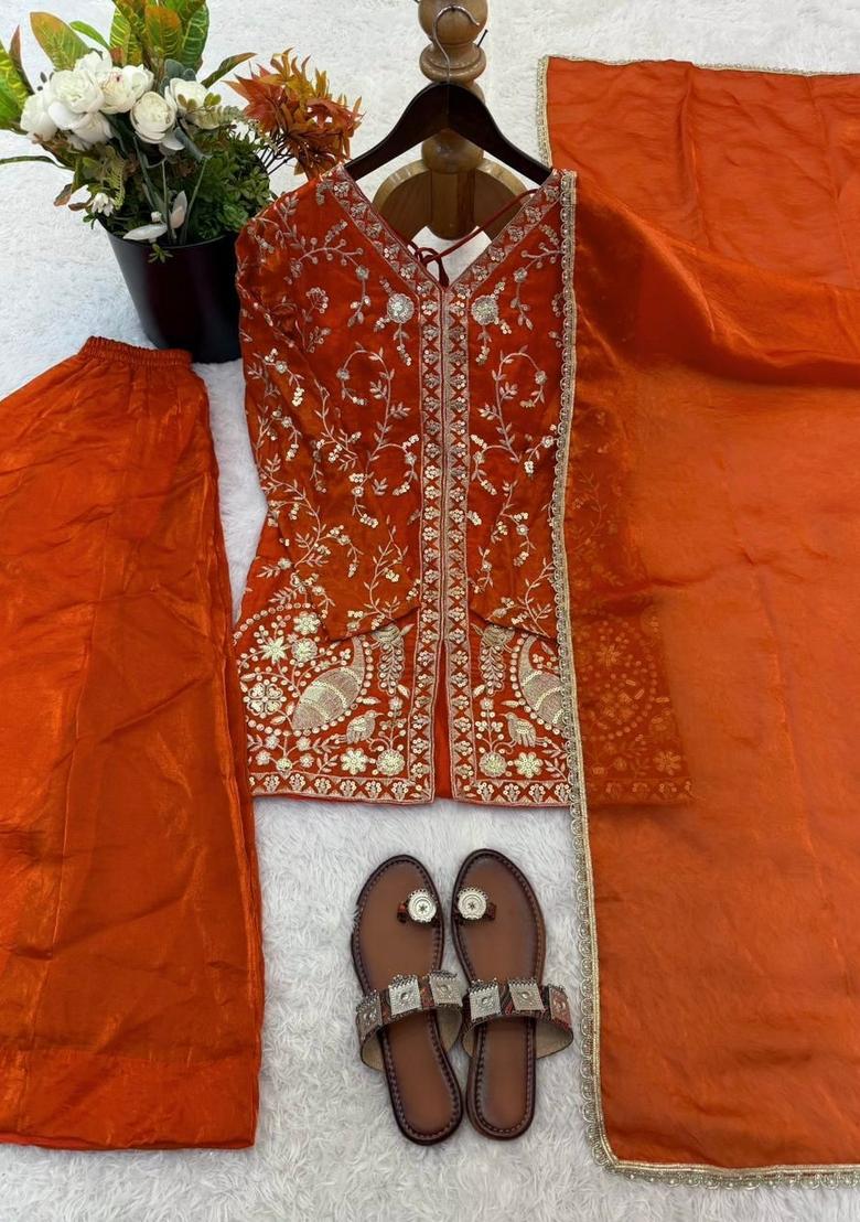 Orange Embroidered Silk Kurta Set - Indya