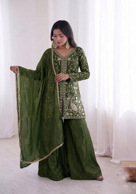 Dark Green Embroidered Silk Kurta Set