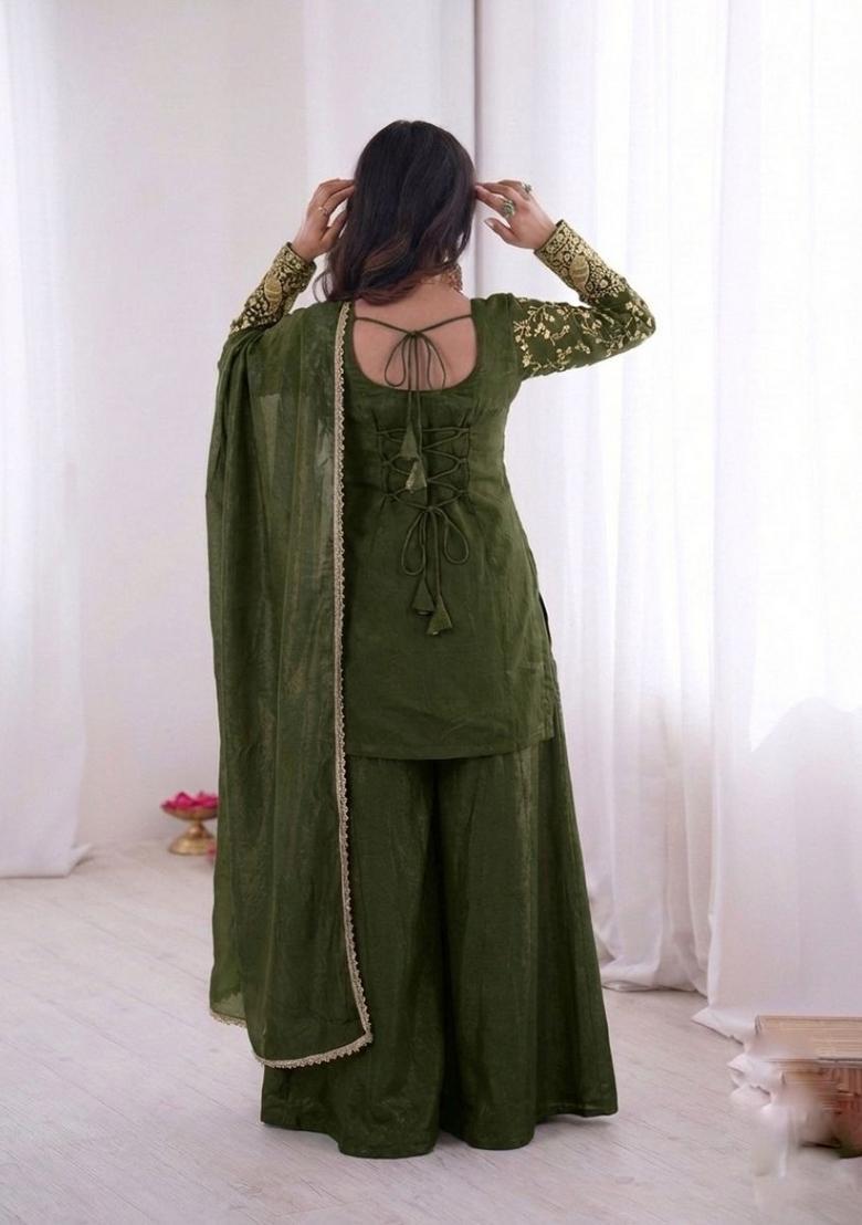 Dark Green Embroidered Silk Kurta Set - Indya