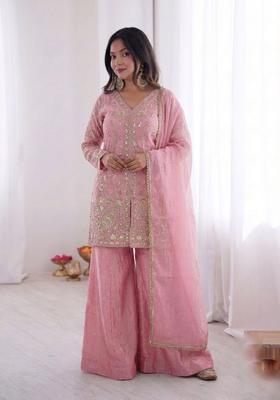 Pink Embroidered Silk Kurta Set