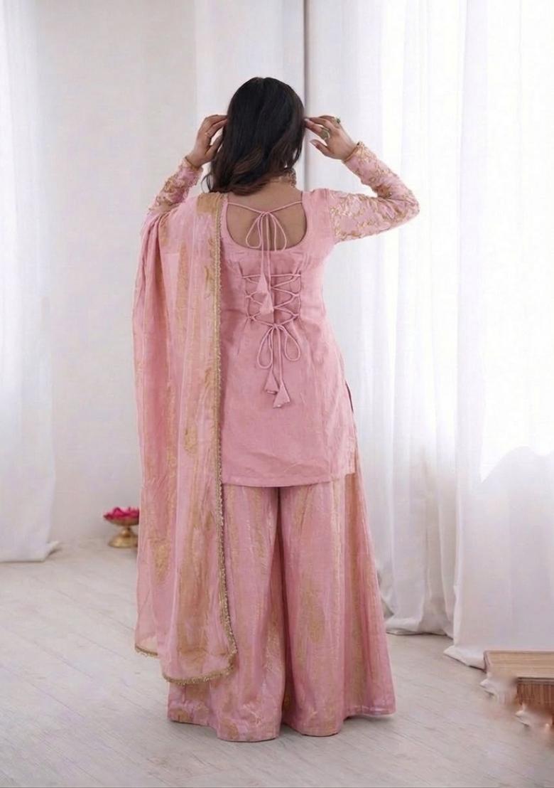 Pink Embroidered Silk Kurta Set - Indya