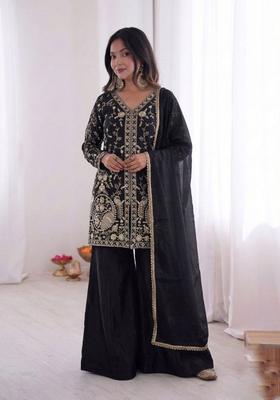 Black Embroidered Silk Kurta Set