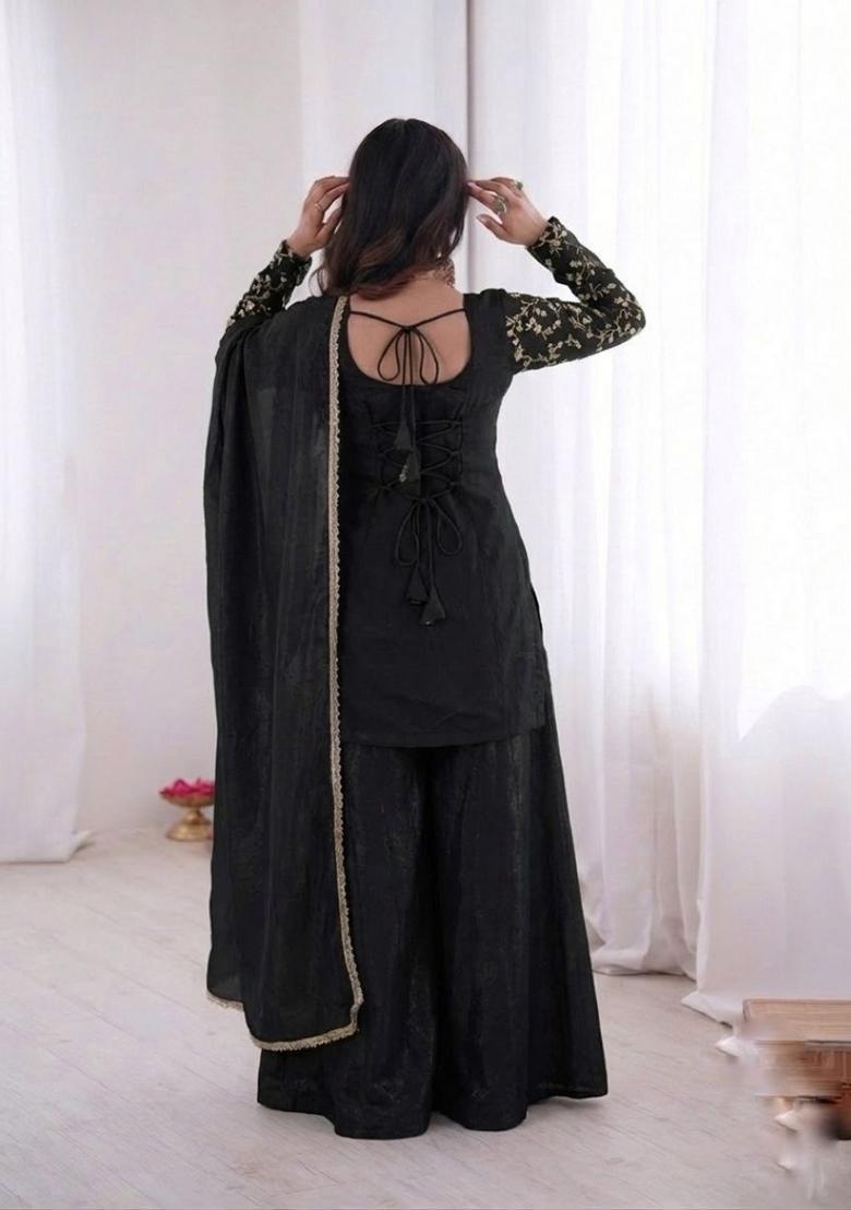 Black Embroidered Silk Kurta Set - Indya