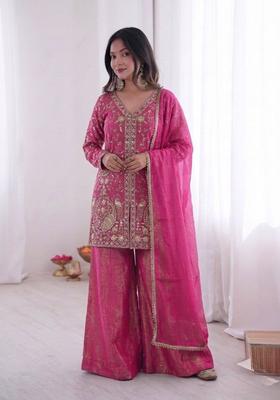 Rani Pink Embroidered Silk Kurta Set